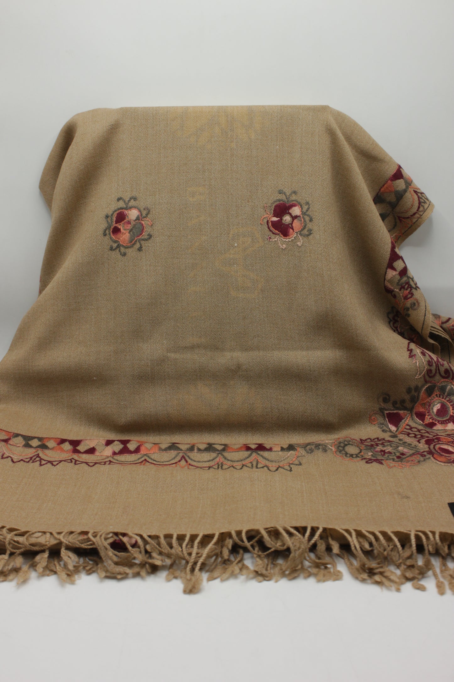 PREMIUM QUALITY LIGHT BROWN EMBROIDERED WOOLEN SHAWL FOR WOMEN