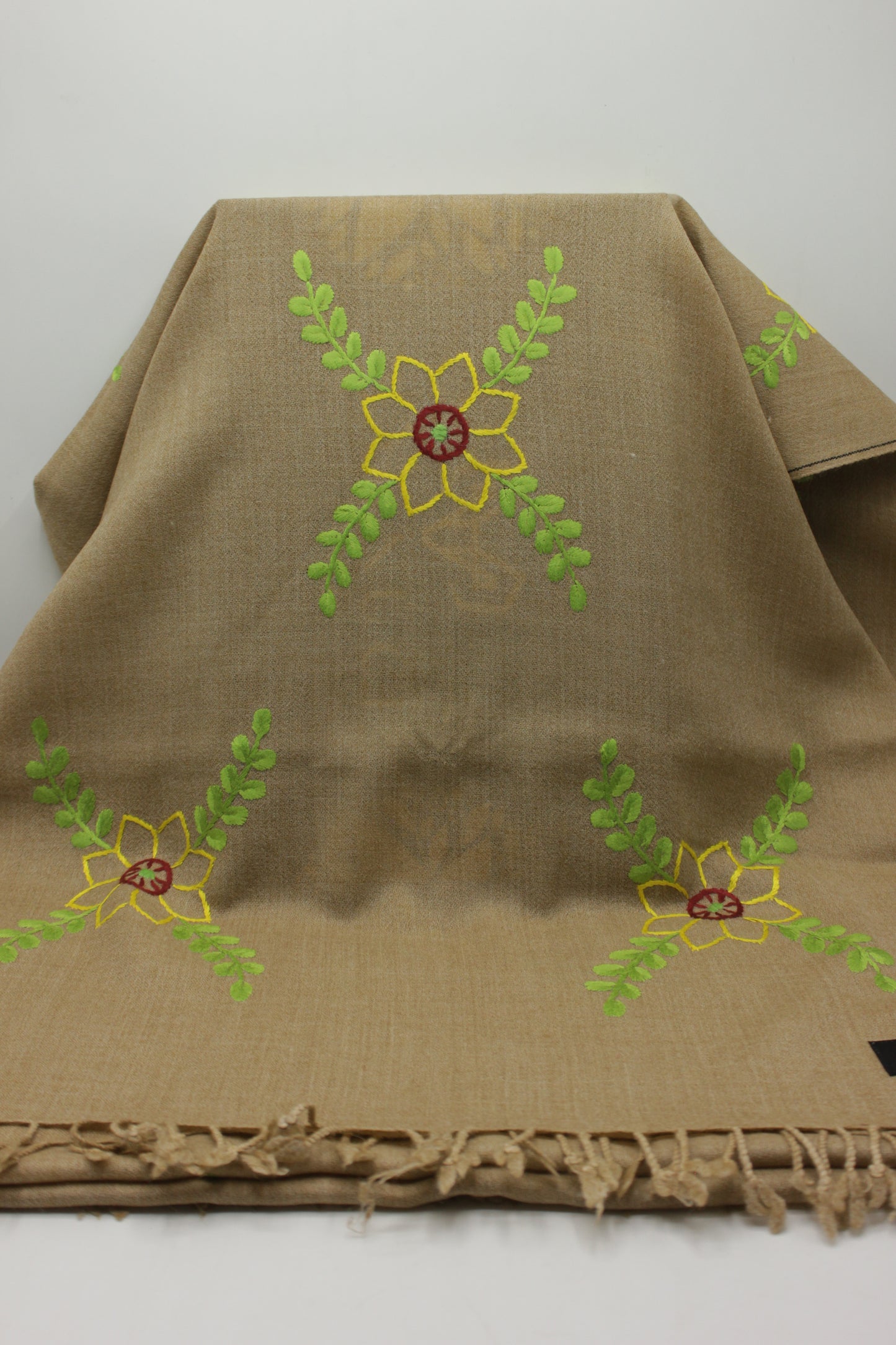 PREMIUM QUALITY LIGHT BROWN HAND EMBROIDERY WOOLEN SHAWL FOR WOMEN