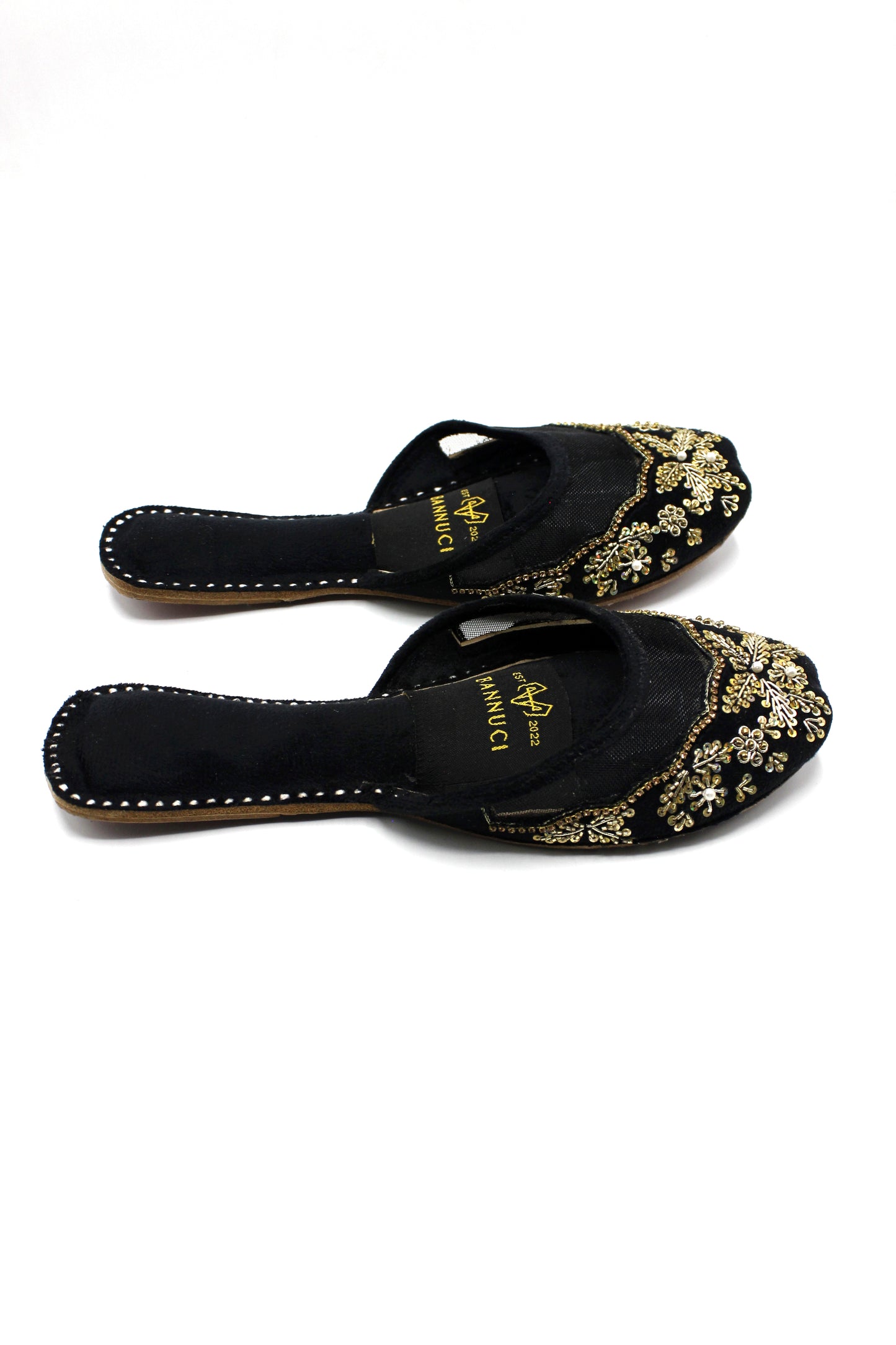 Premium Quality Back less Black Net Embellished Khussas