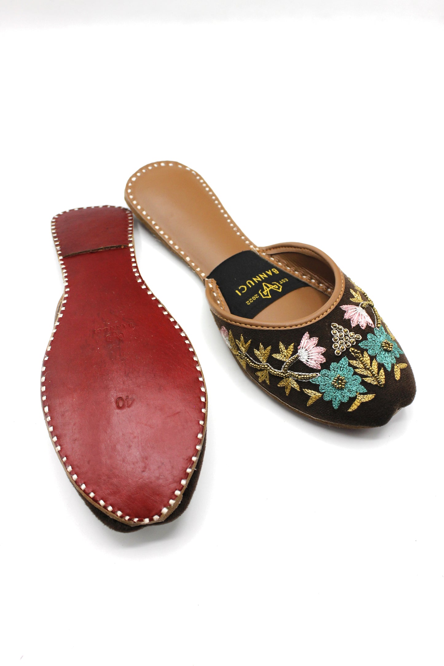 Premium Quality Back less Dark Brown Multi Color Embroidered Khussas