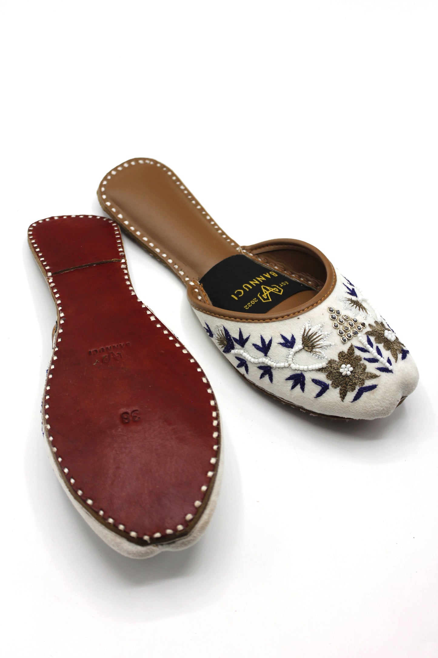 Premium Quality Back less White Multi Color Pearl Embroidered Khussas