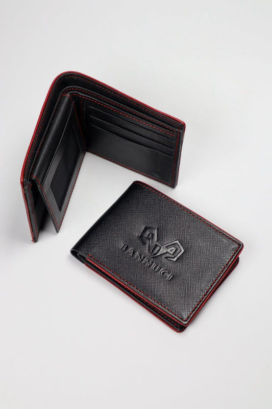 Bifold Leather Wallet with Red Borders