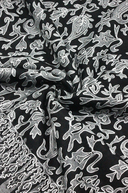 PREMIUM QUALITY BLACK WITH OFF WHITE EMBROIDERED PASHMINA CASHMERE SHAWL