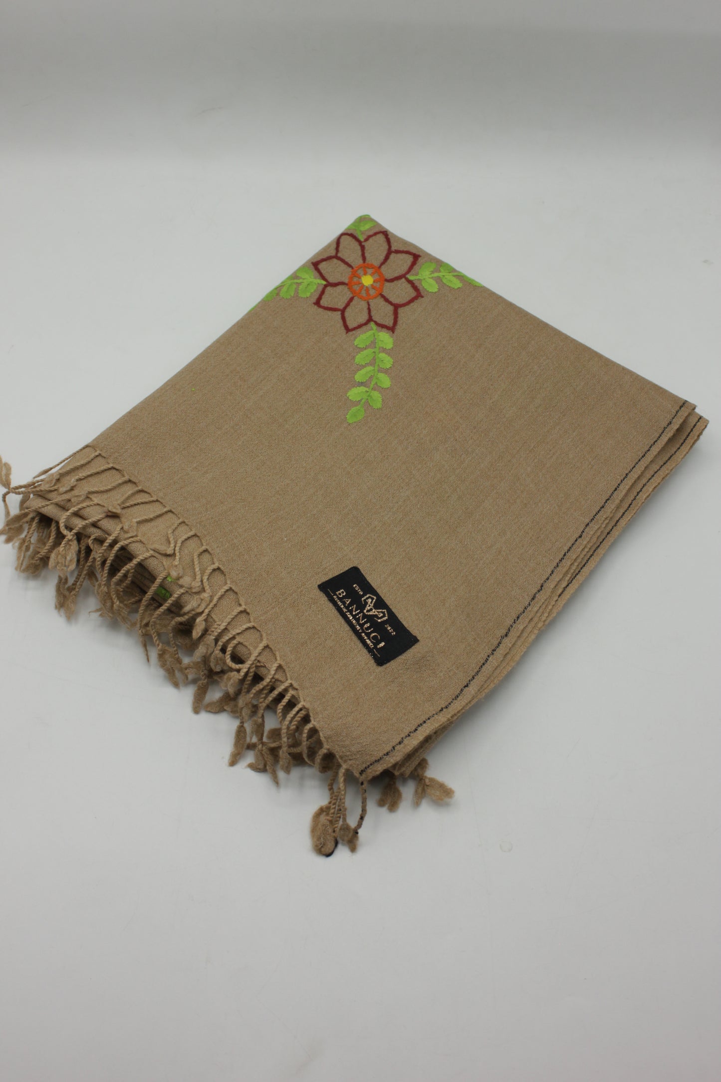 PREMIUM QUALITY LIGHT BROWN  EMBROIDERED WOOLEN SHAWL FOR WOMEN