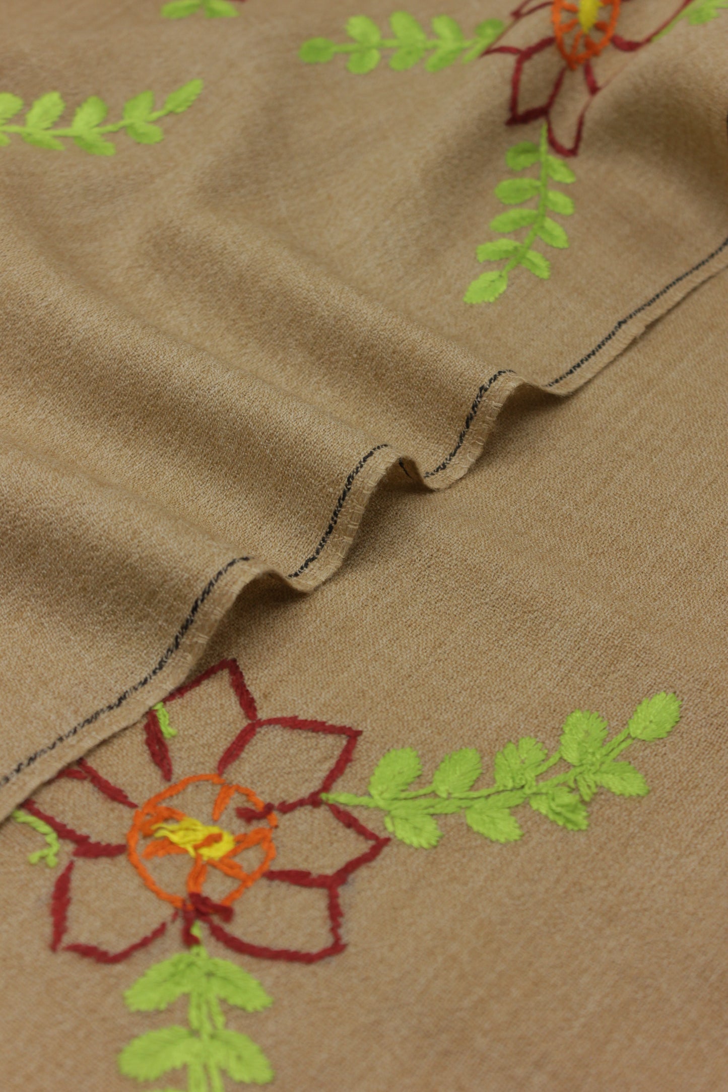 PREMIUM QUALITY LIGHT BROWN  EMBROIDERED WOOLEN SHAWL FOR WOMEN