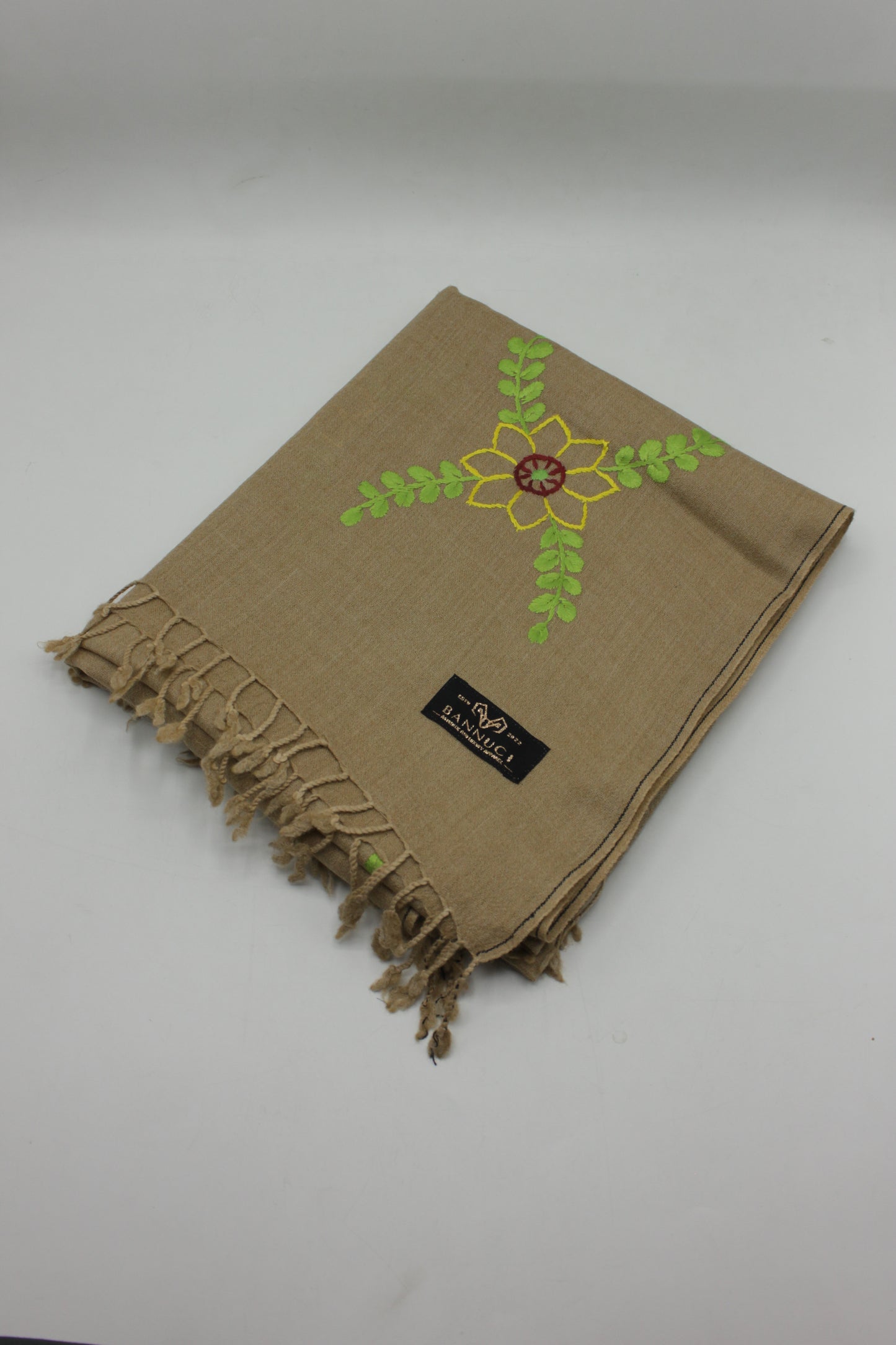 PREMIUM QUALITY LIGHT BROWN HAND  EMBROIDERY WOOLEN SHAWL FOR WOMEN