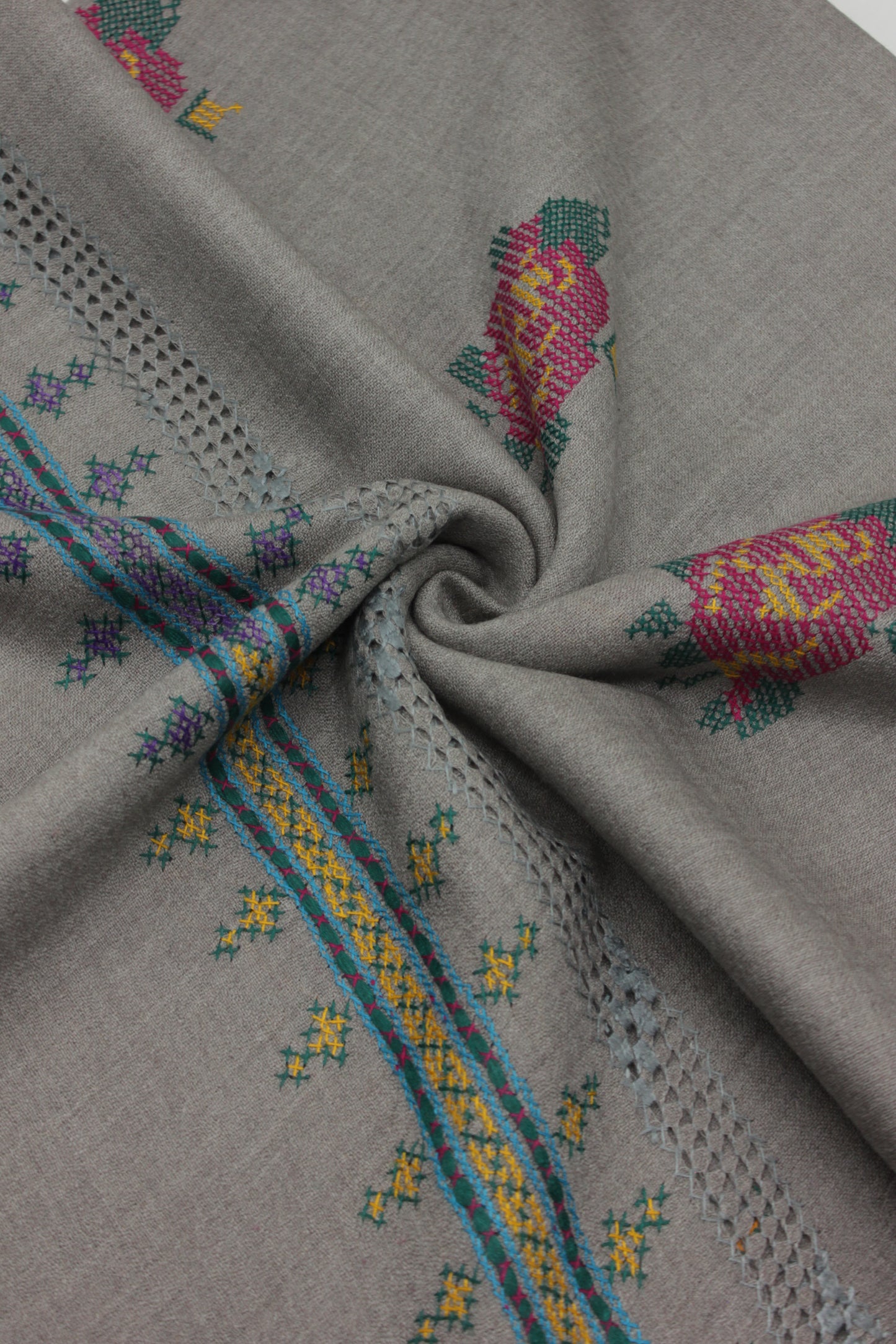 PREMIUM QUALITY LIGHT GRAY HAND EMBROIDERY WOOLEN SHAWL FOR WOMEN