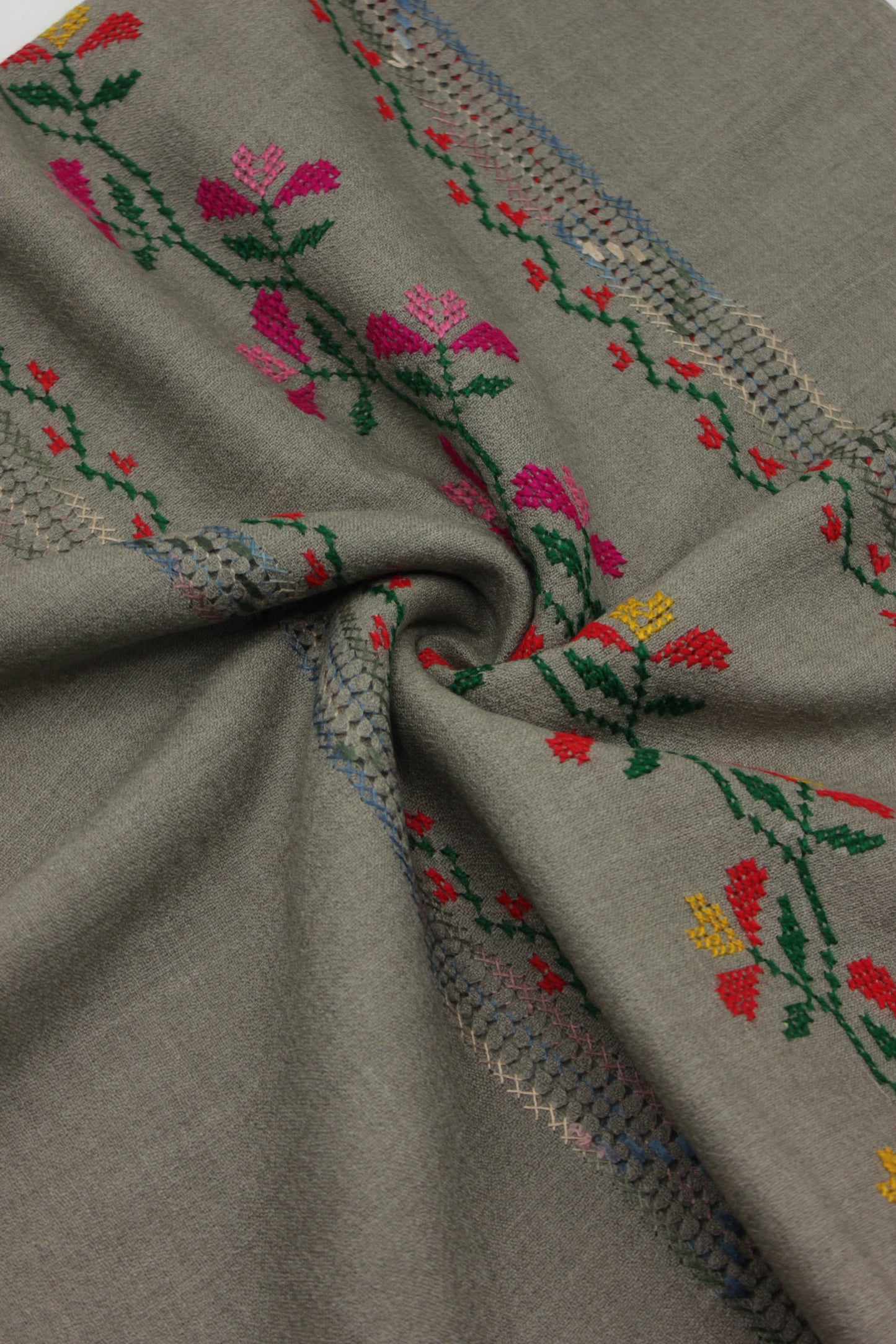 PREMIUM QUALITY LIGHT GRAY HAND  EMBROIDERY WOOLEN SHAWL FOR WOMEN