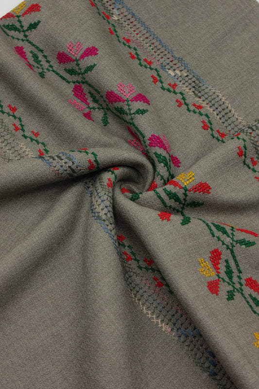PREMIUM QUALITY LIGHT GRAY HAND  EMBROIDERY WOOLEN SHAWL FOR WOMEN