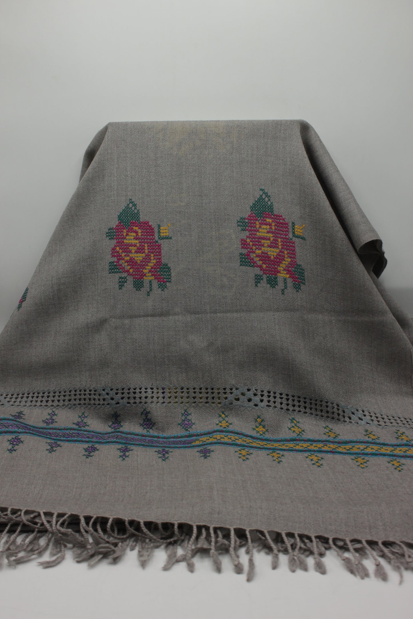 PREMIUM QUALITY LIGHT GRAY HAND EMBROIDERY WOOLEN SHAWL FOR WOMEN