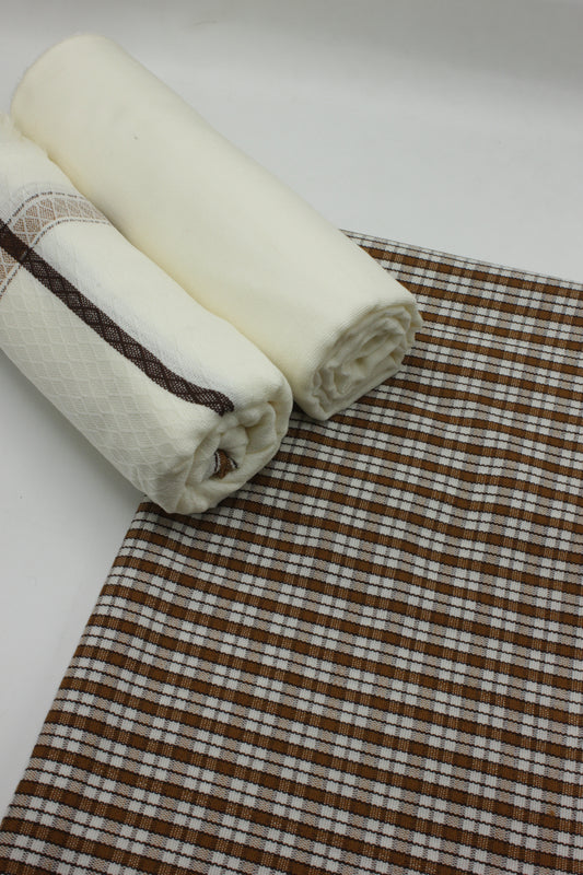 PREMIUM QUALITY OFF WHITE WITH BROWN BORDER PURE WOOLEN SUIT FOR WOMEN