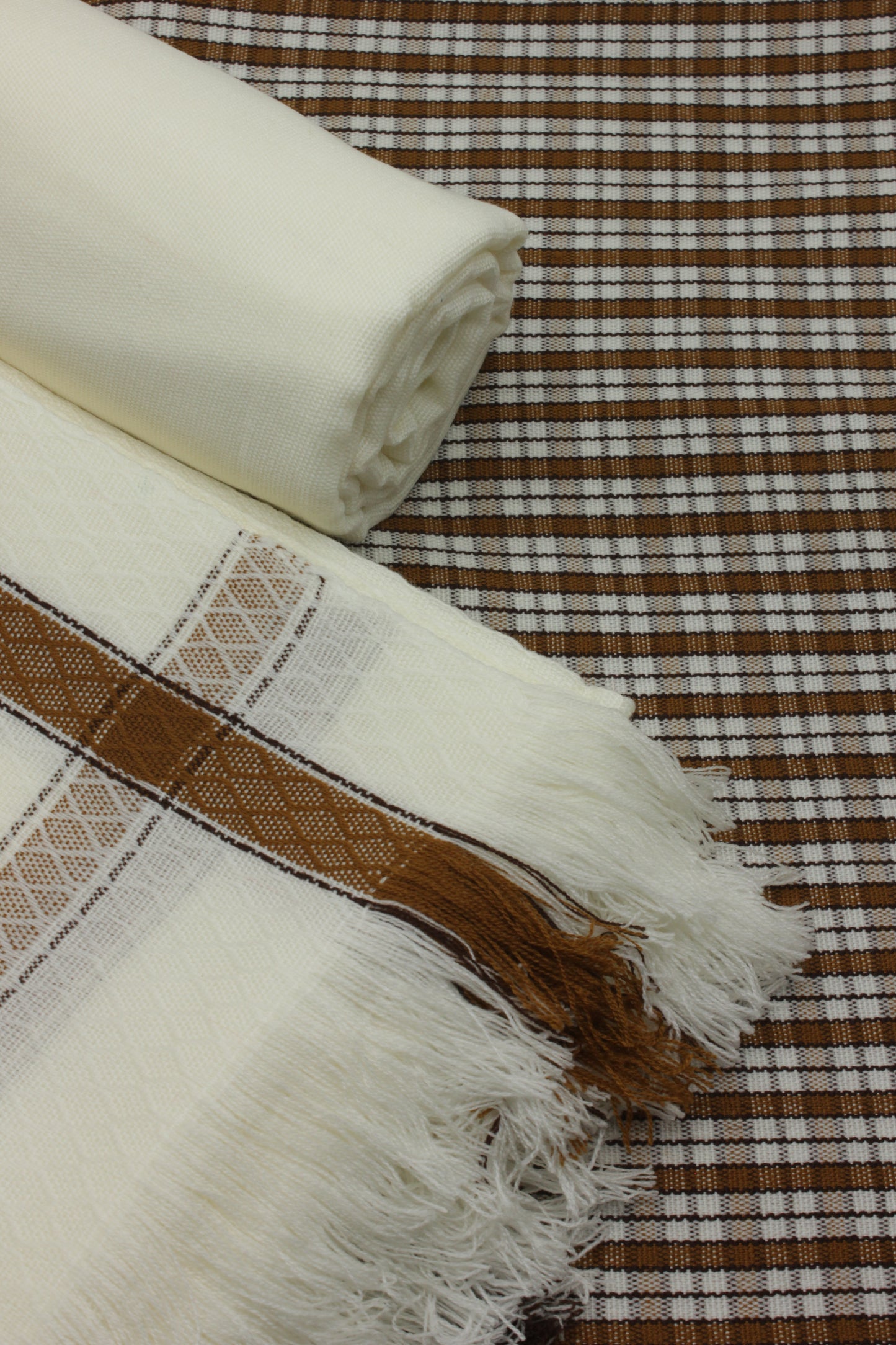 PREMIUM QUALITY OFF WHITE WITH BROWN BORDER PURE WOOLEN SUIT FOR WOMEN