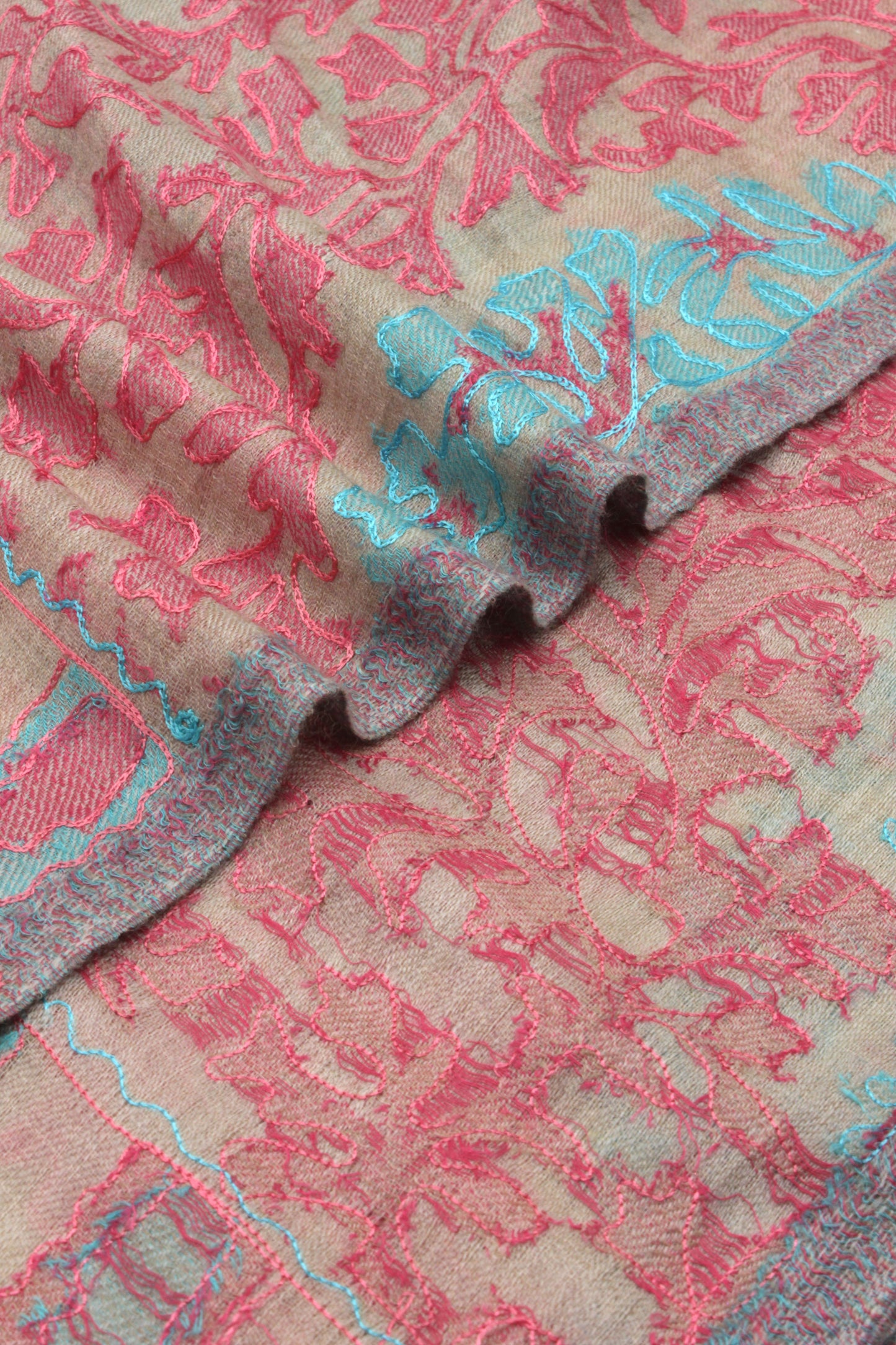 PREMIUM QUALITY OFF WHITE WITH PINK EMBROIDERED PASHMINA CASHMERE SHAWL