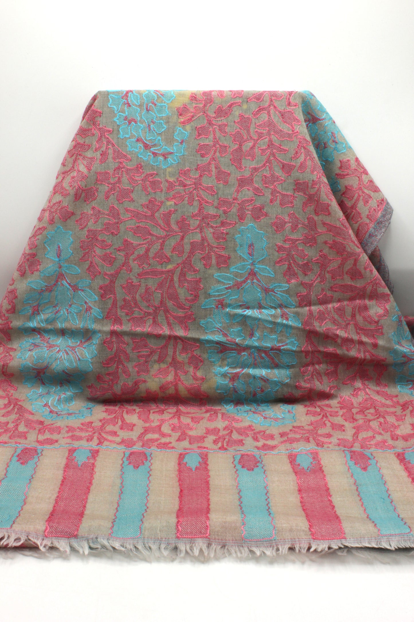 PREMIUM QUALITY OFF WHITE WITH PINK EMBROIDERED PASHMINA CASHMERE SHAWL