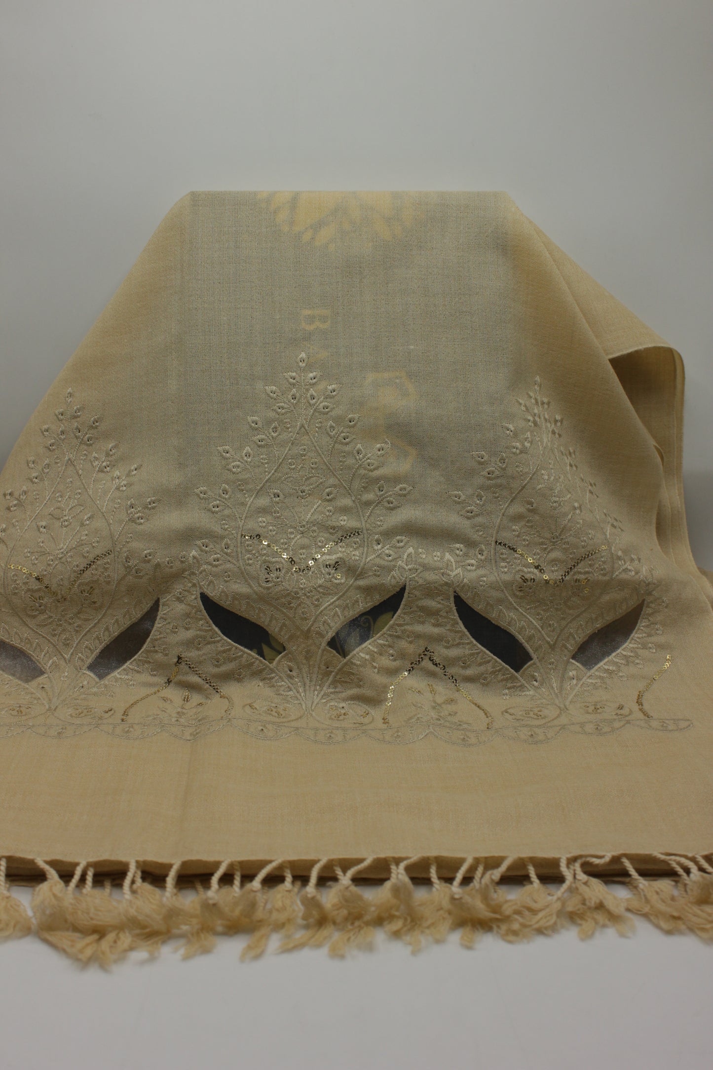 PREMIUM QUALITY PALE CAMEL EMBROIDERED WOOLEN SHAWL FOR WOMEN