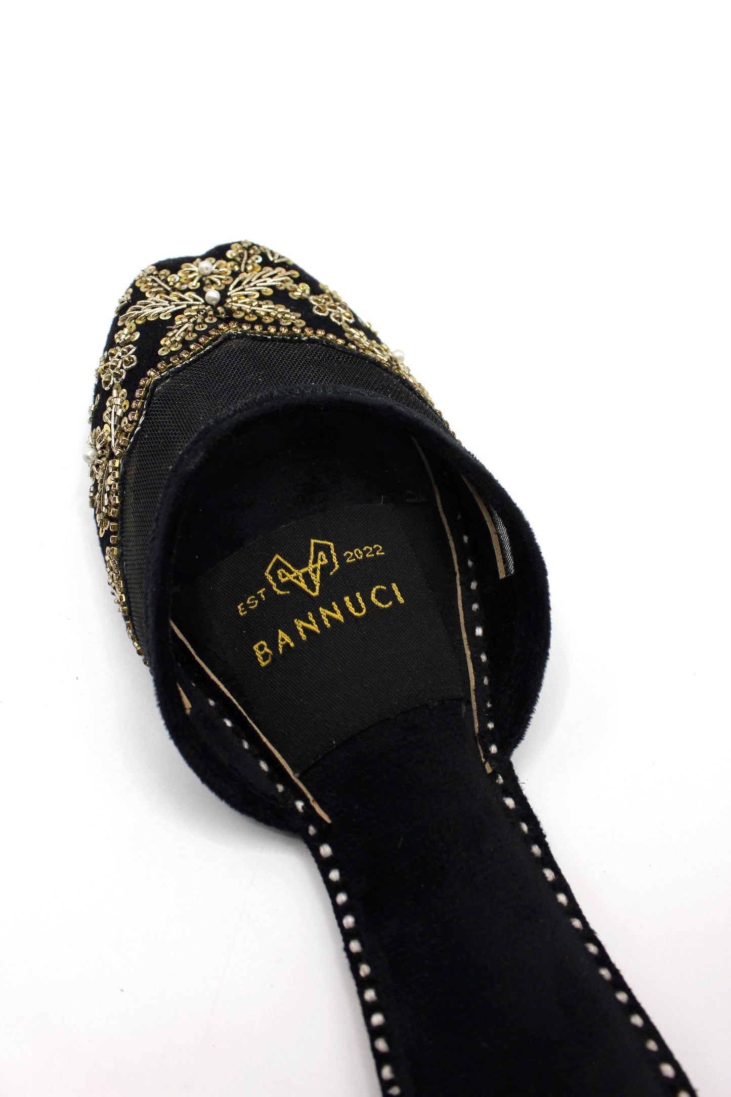 Premium Quality Back less Black Net Embellished Khussas