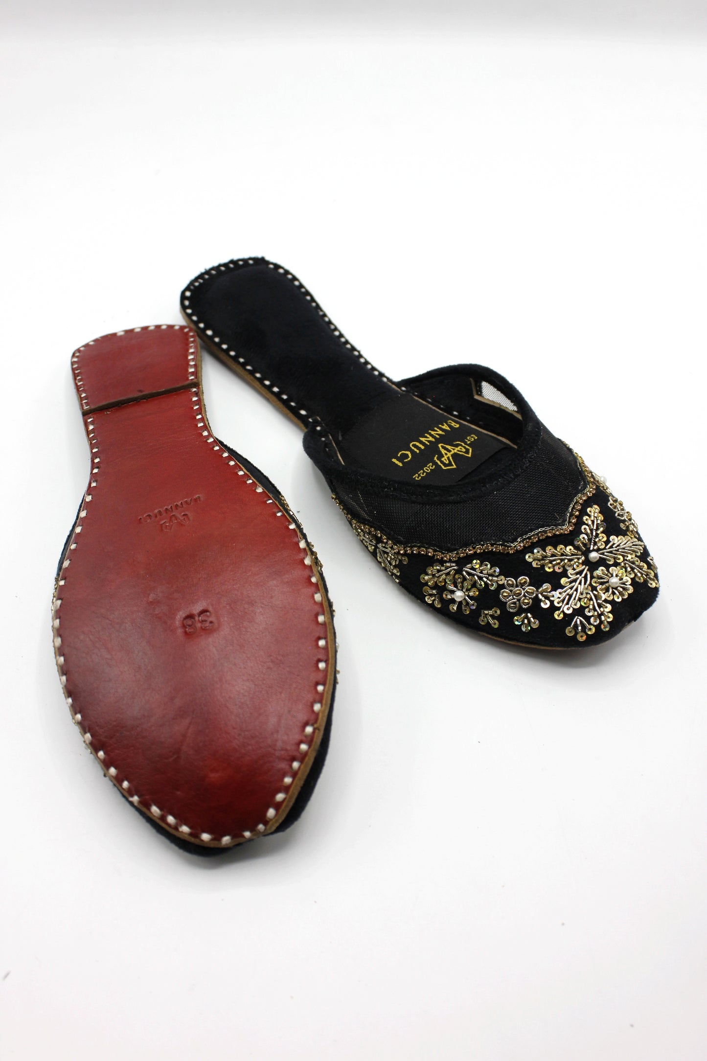 Premium Quality Back less Black Net Embellished Khussas