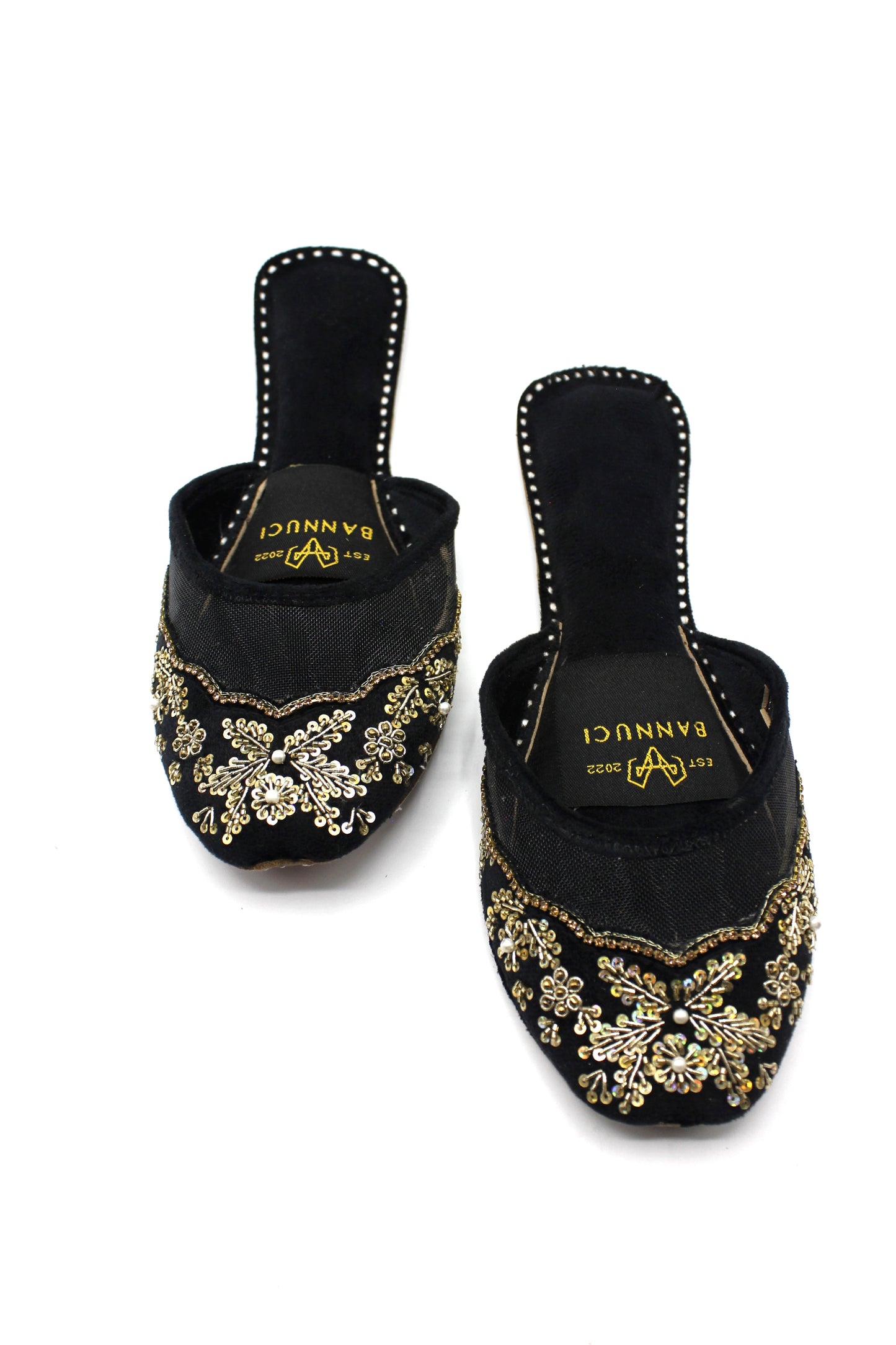 Premium Quality Back less Black Net Embellished Khussas