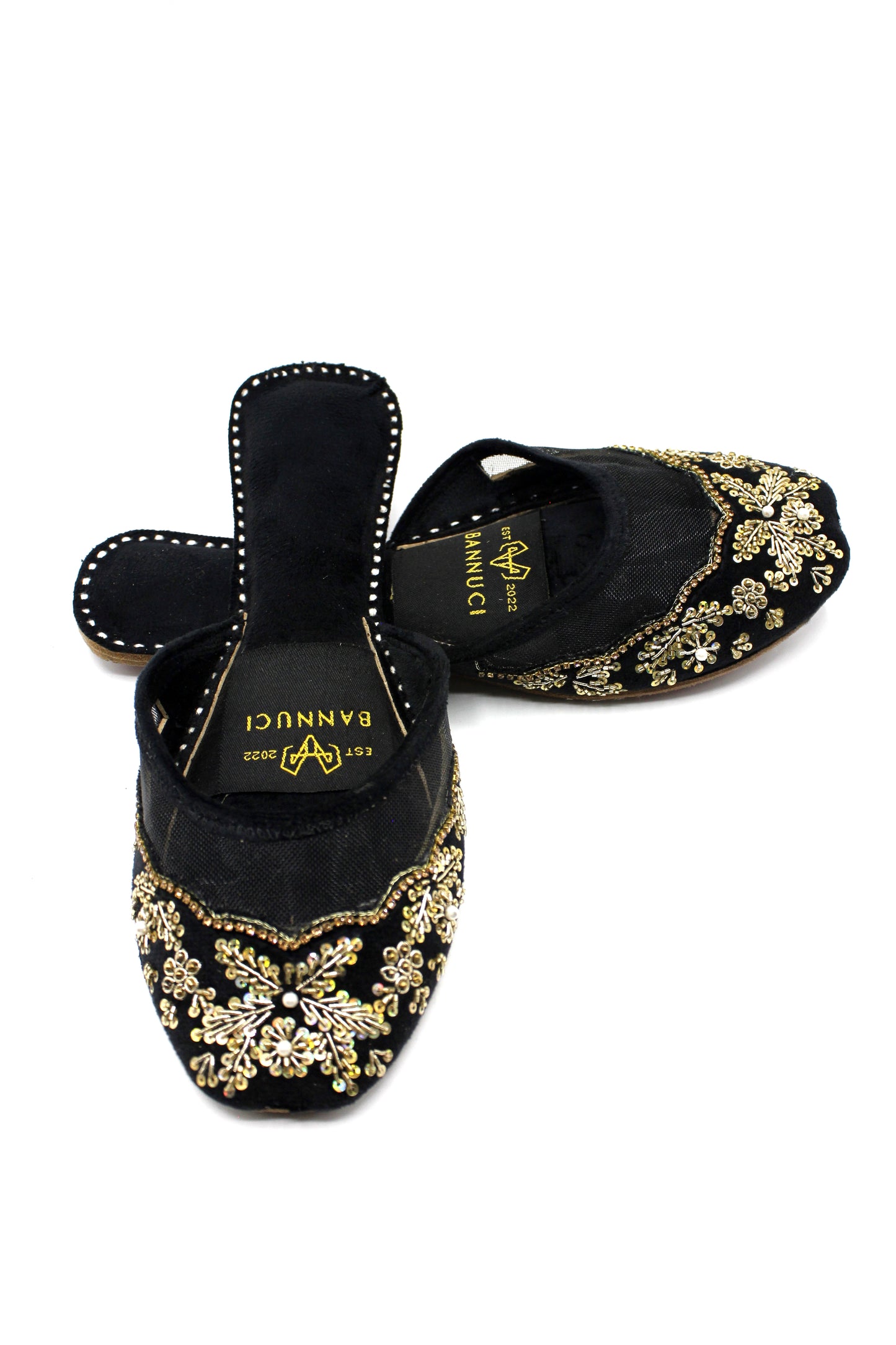 Premium Quality Back less Black Net Embellished Khussas