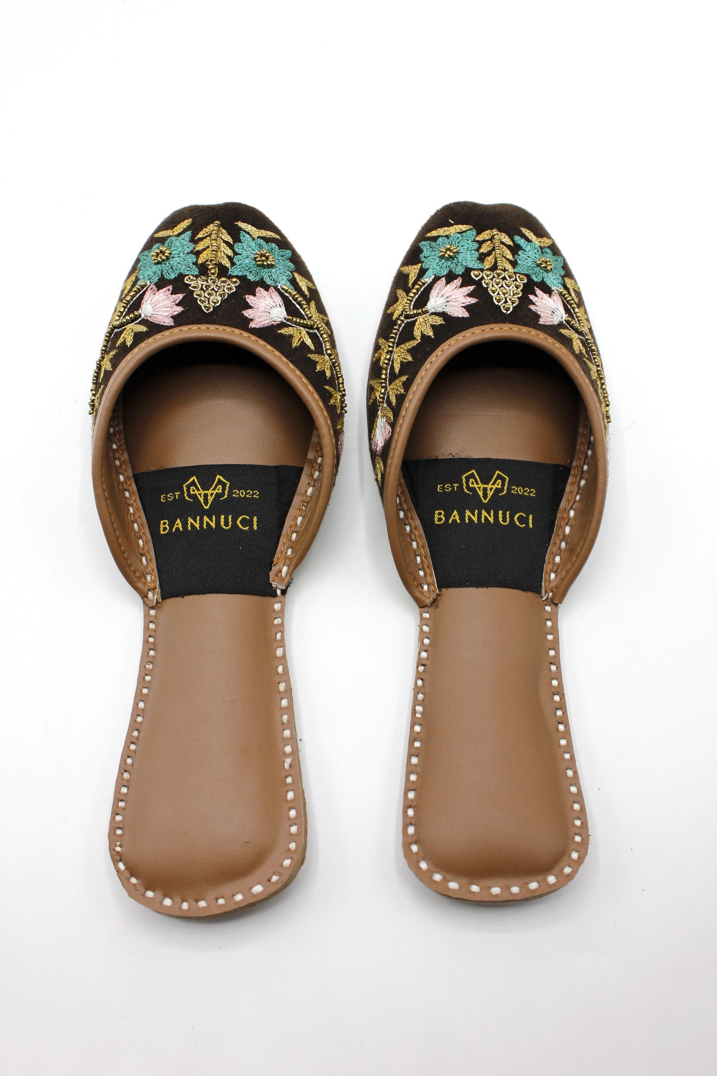 Premium Quality Back less Dark Brown Multi Color Embroidered Khussas