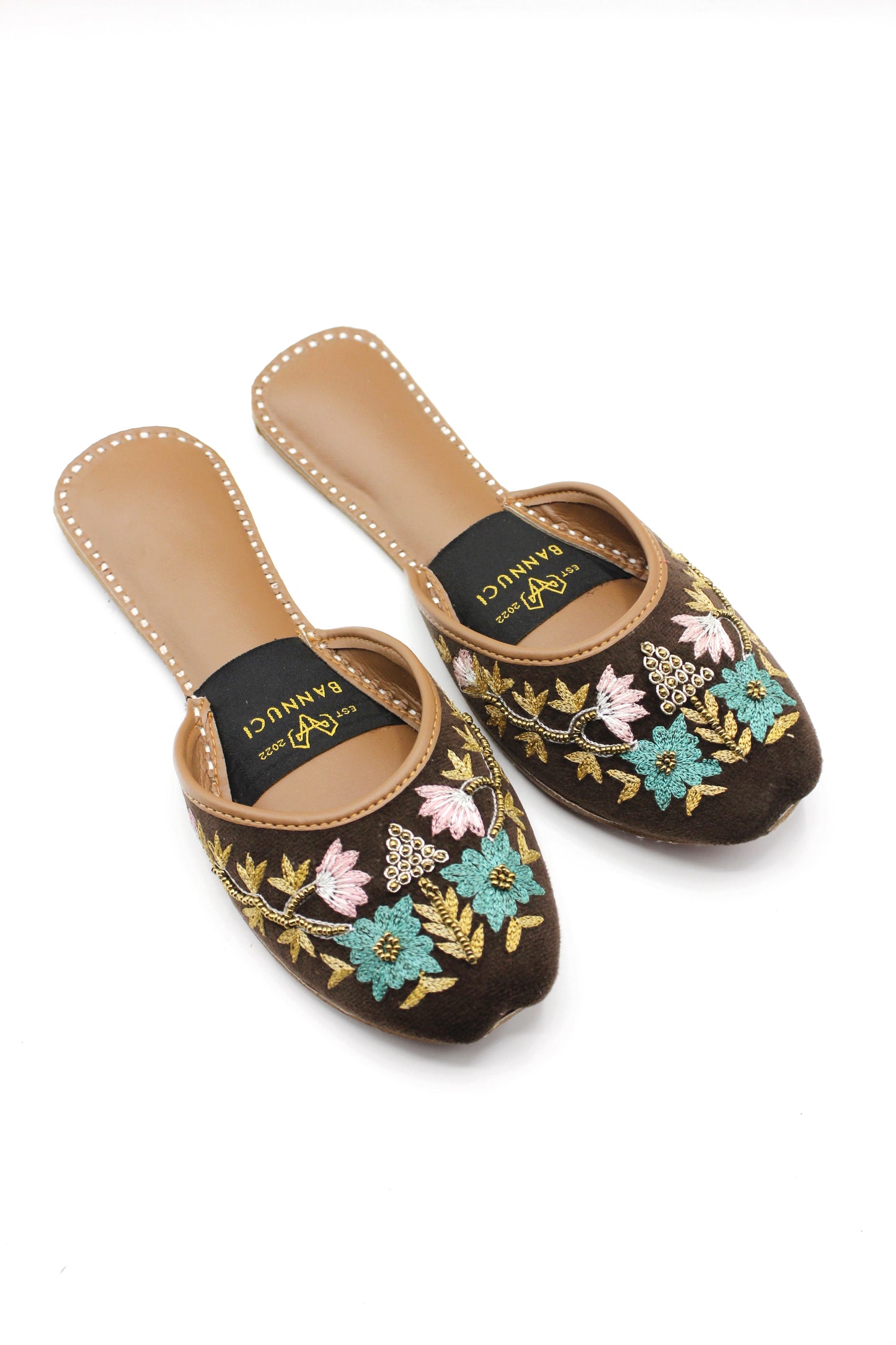 Premium Quality Back less Dark Brown Multi Color Embroidered Khussas