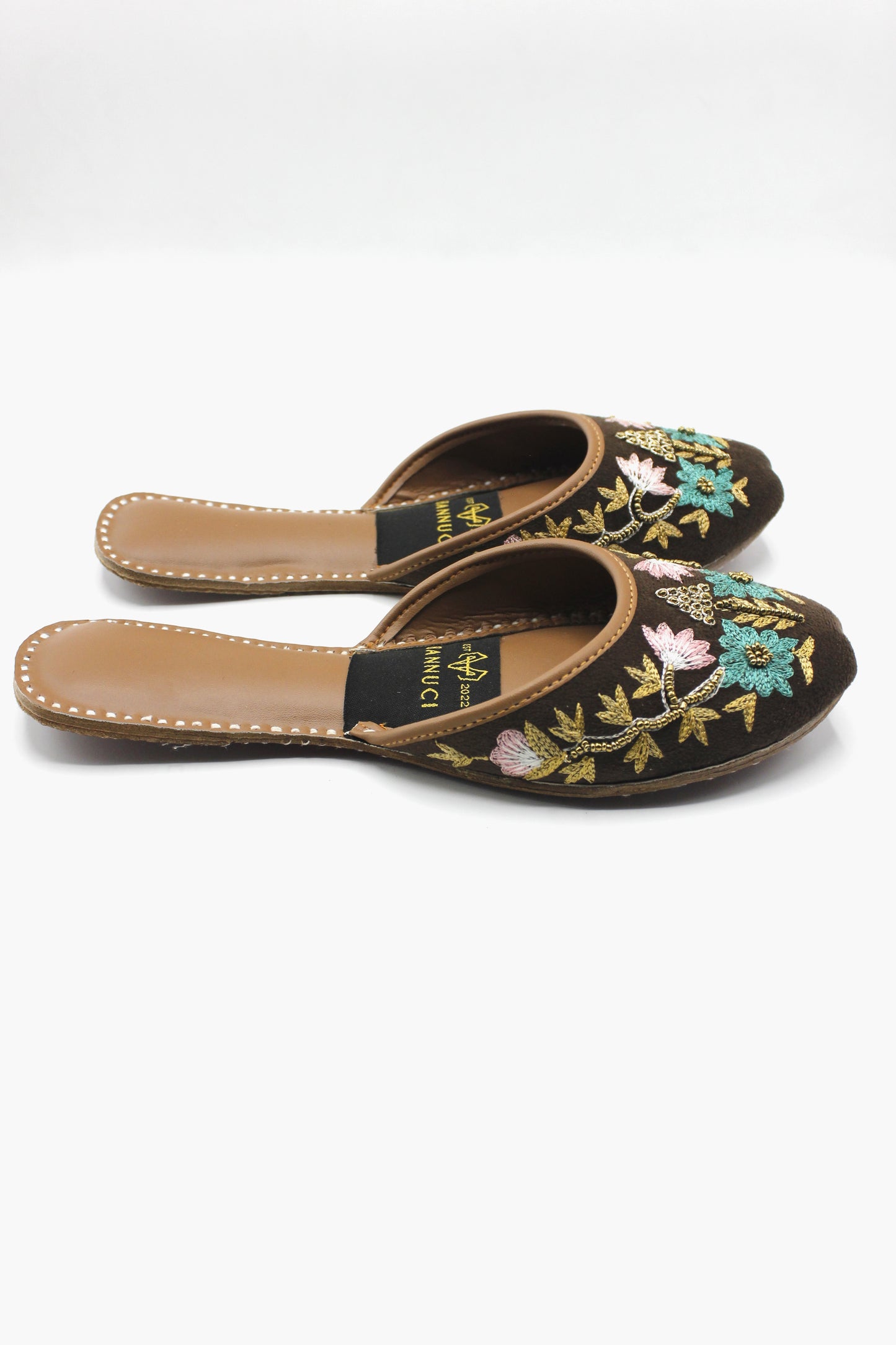 Premium Quality Back less Dark Brown Multi Color Embroidered Khussas