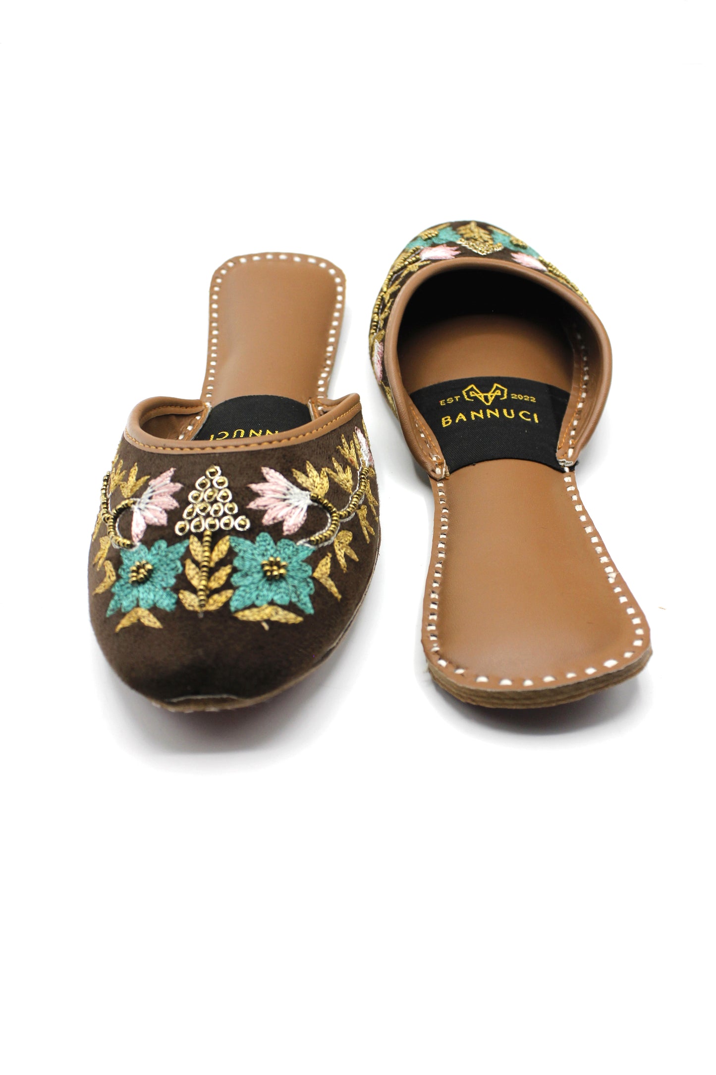 Premium Quality Back less Dark Brown Multi Color Embroidered Khussas