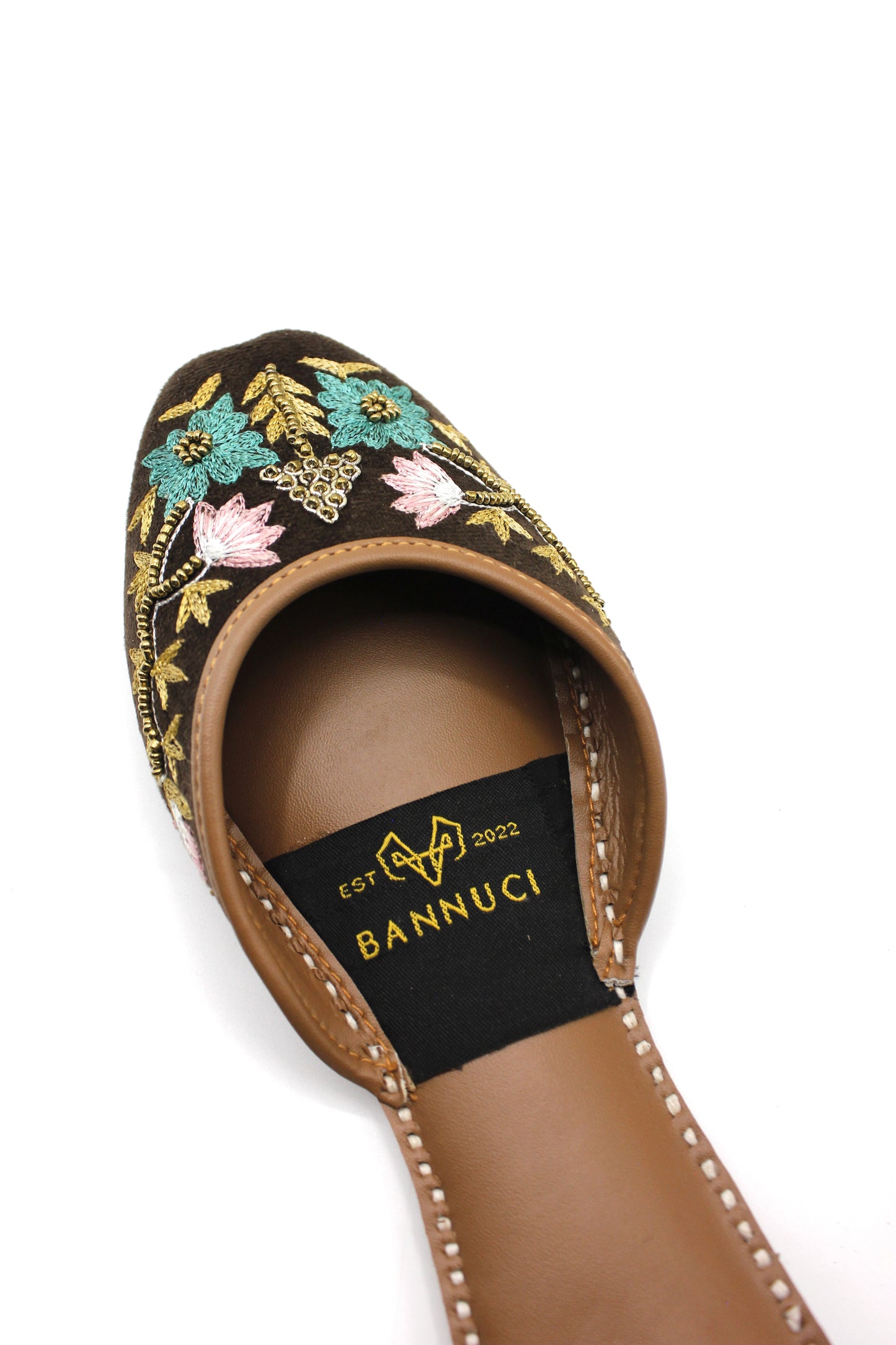 Premium Quality Back less Dark Brown Multi Color Embroidered Khussas