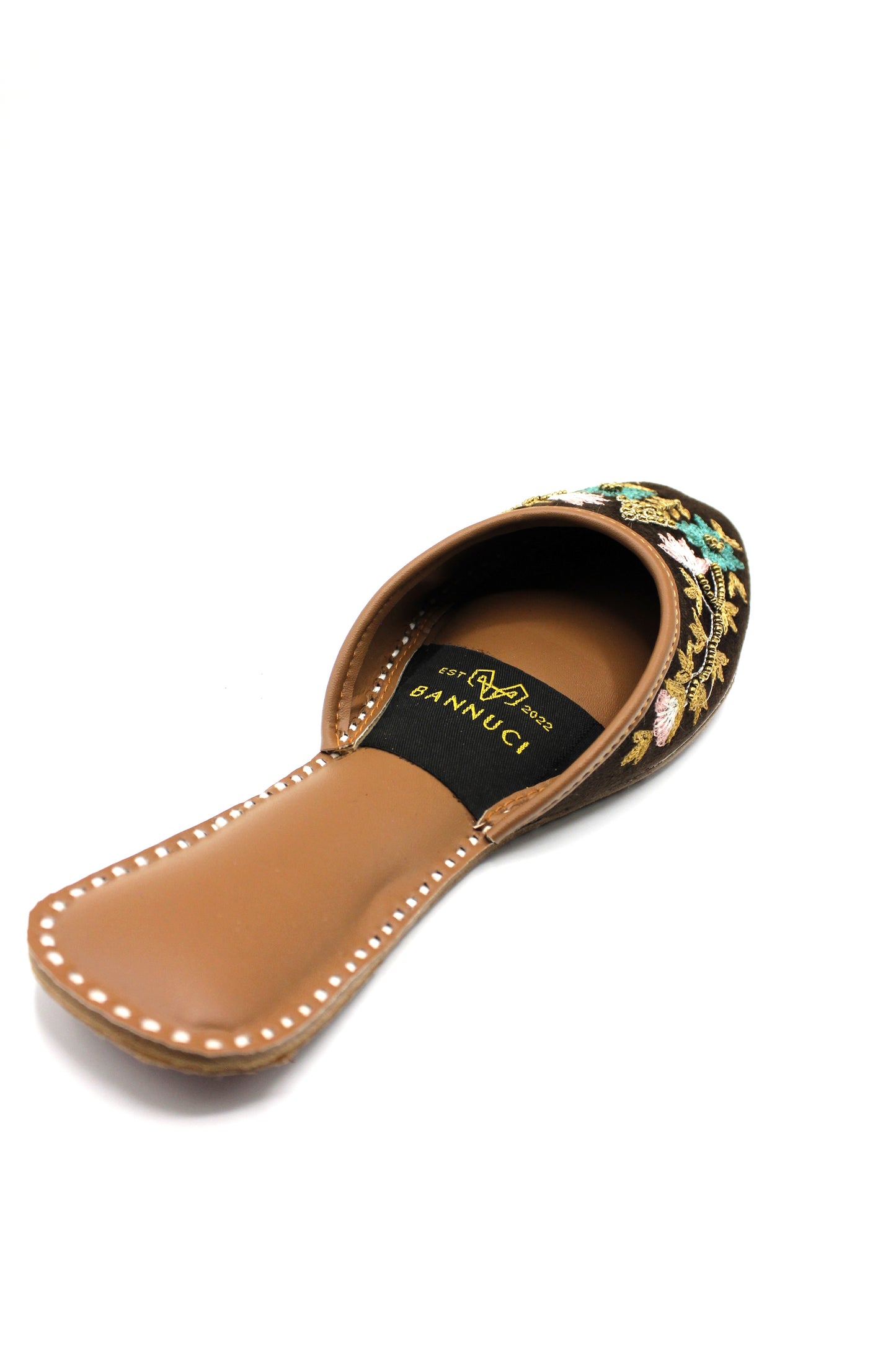 Premium Quality Back less Dark Brown Multi Color Embroidered Khussas