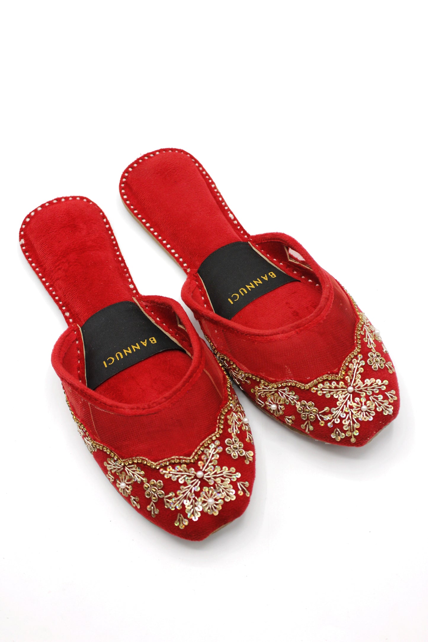 Premium Quality Back less Red Net Embellished Khussas