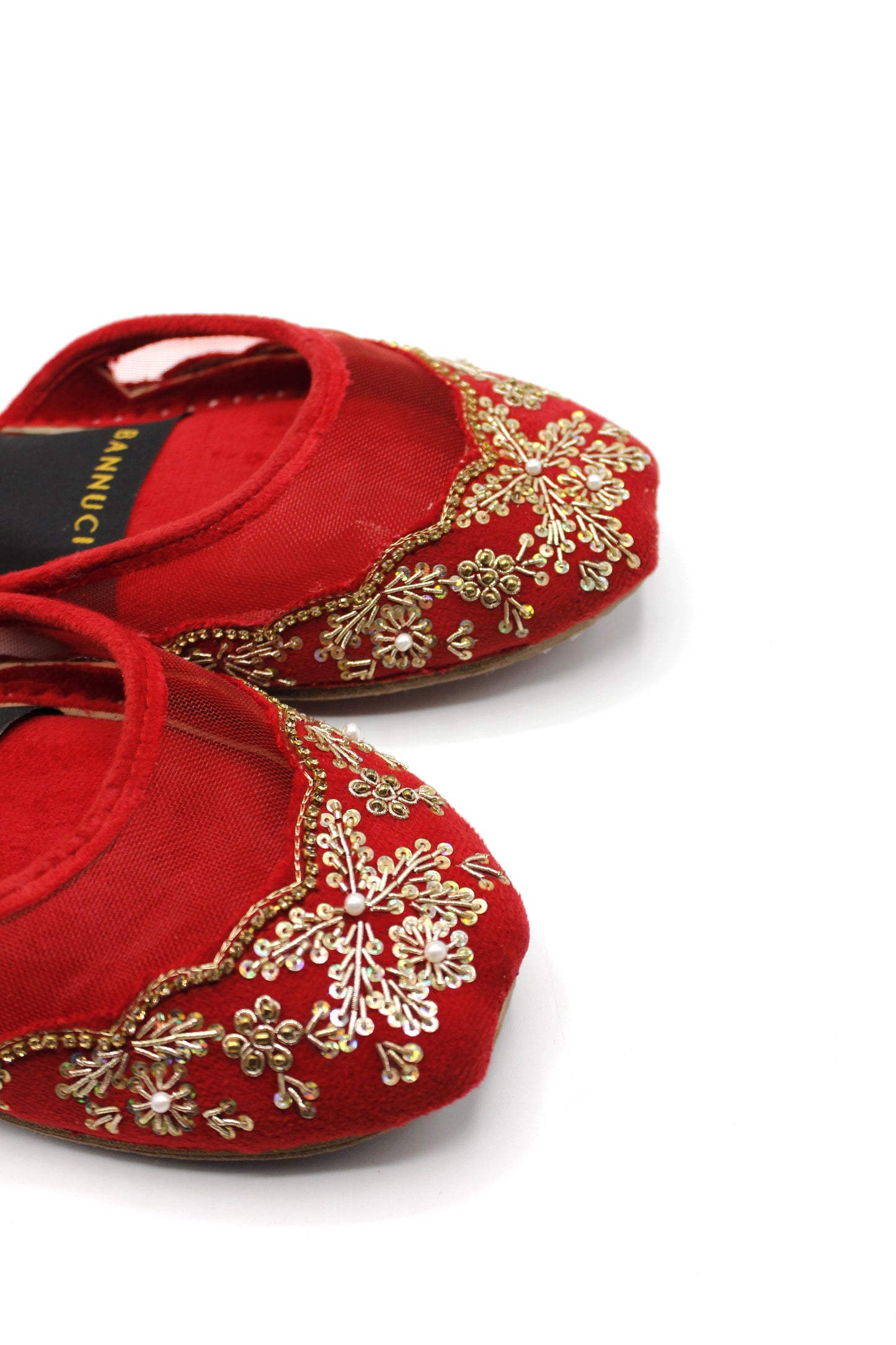 Premium Quality Back less Red Net Embellished Khussas