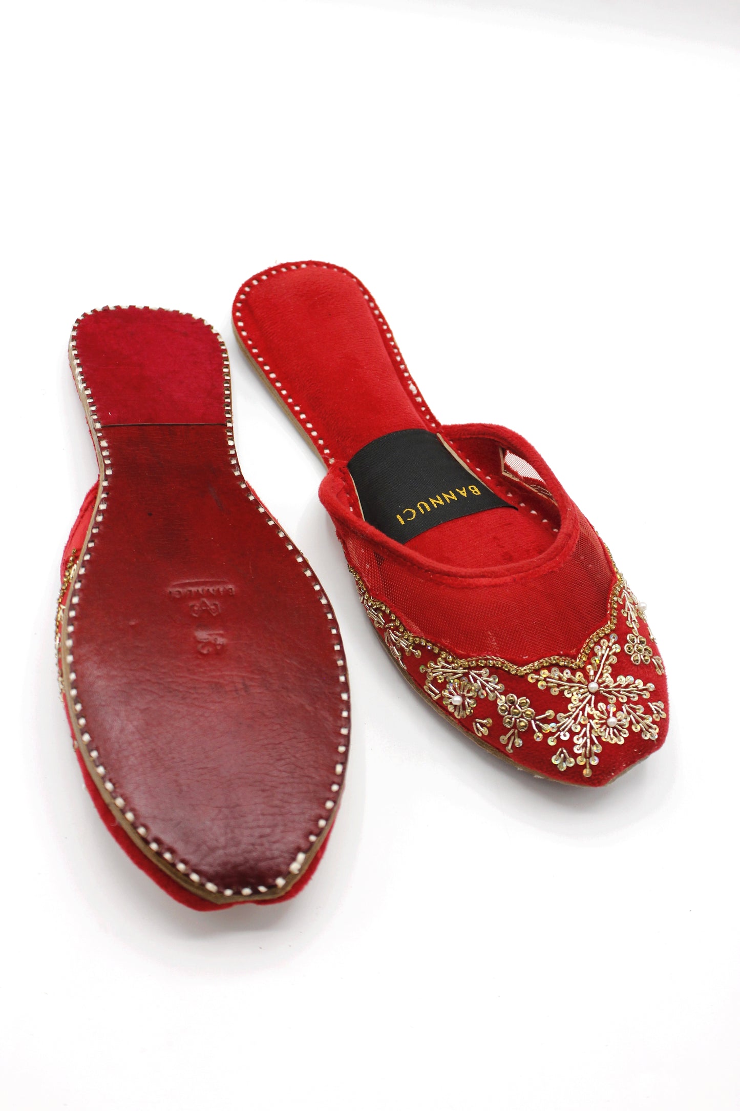 Premium Quality Back less Red Net Embellished Khussas