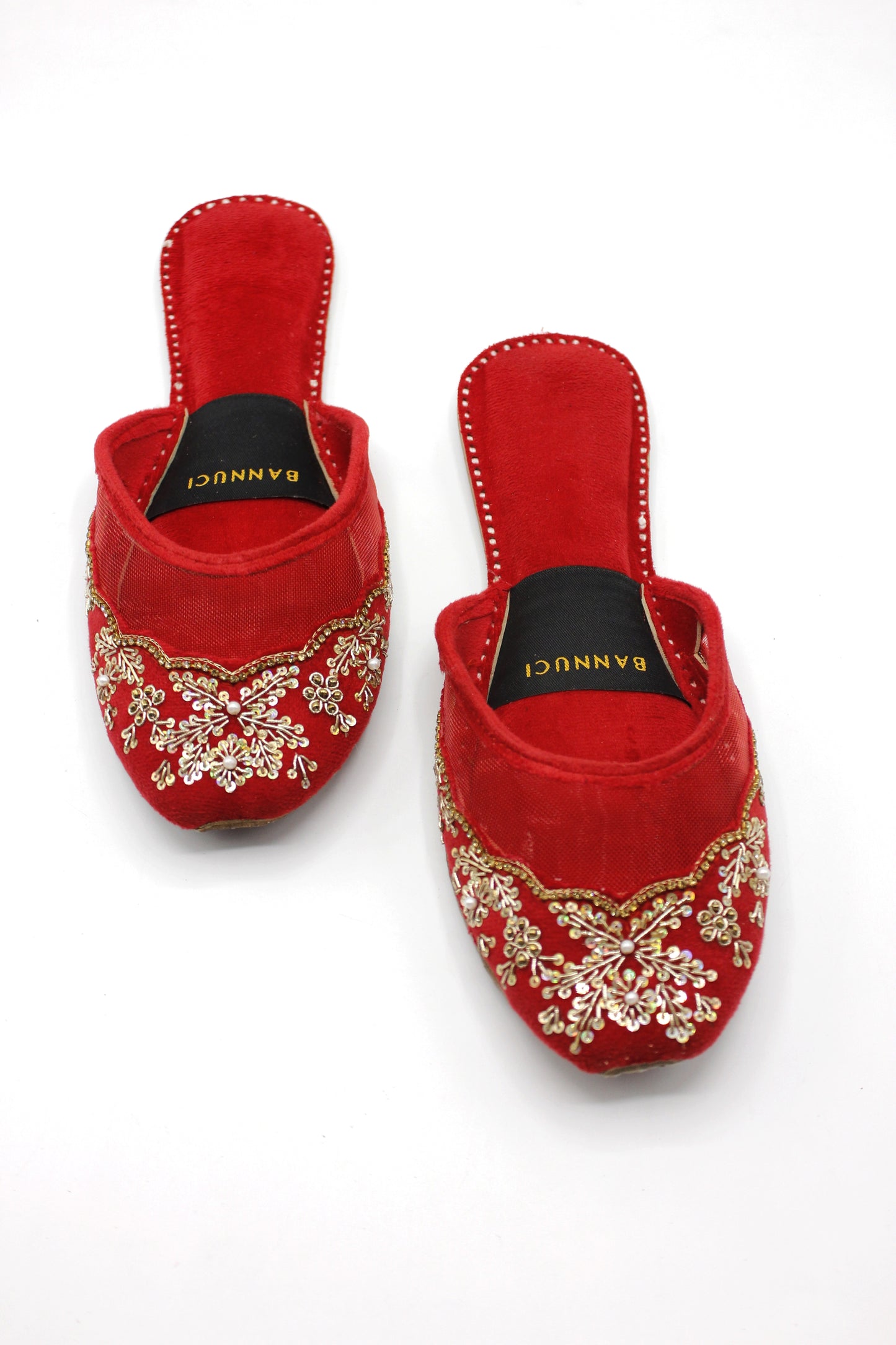 Premium Quality Back less Red Net Embellished Khussas