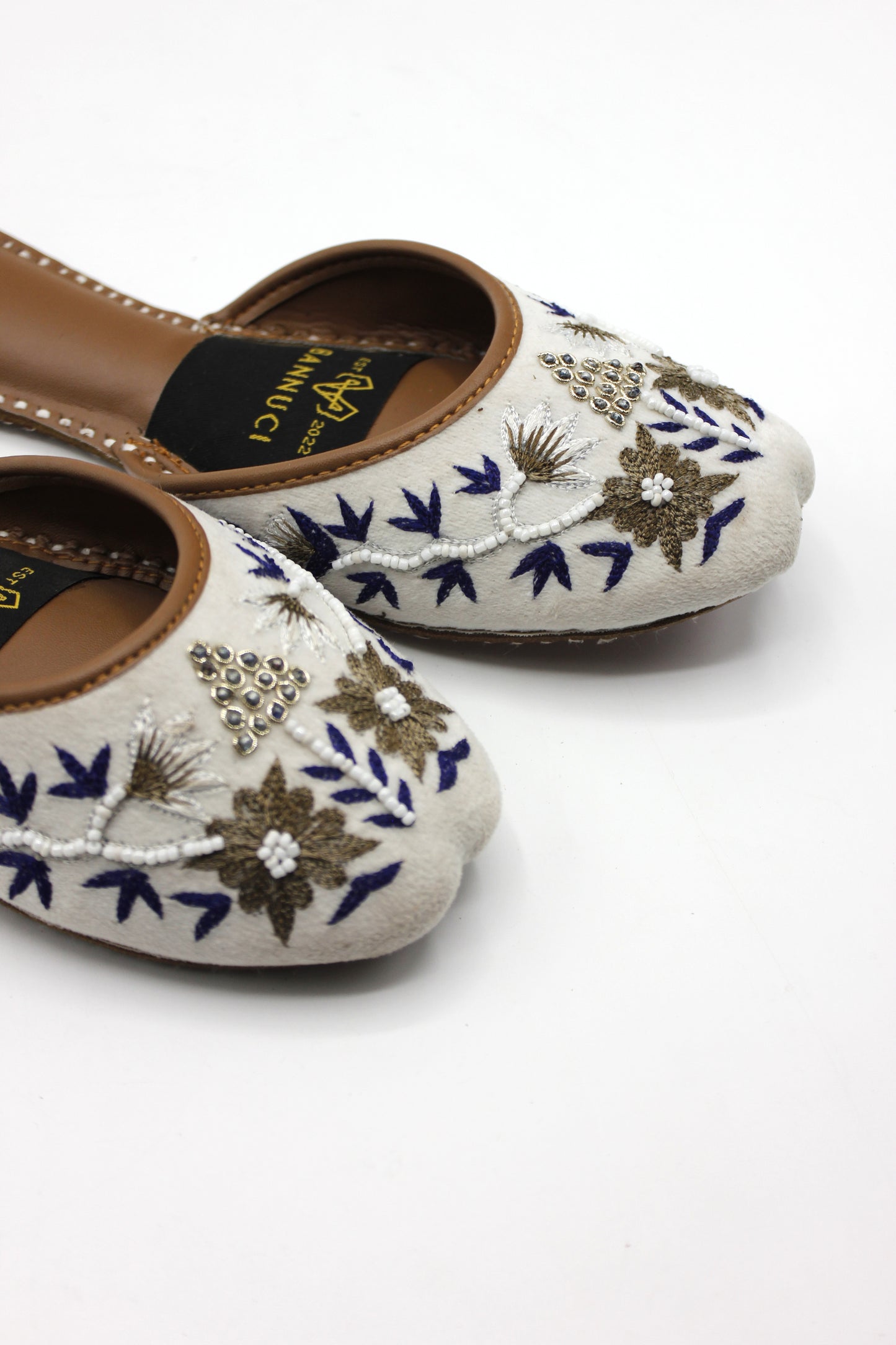 Premium Quality Back less White Multi Color Pearl Embroidered Khussas