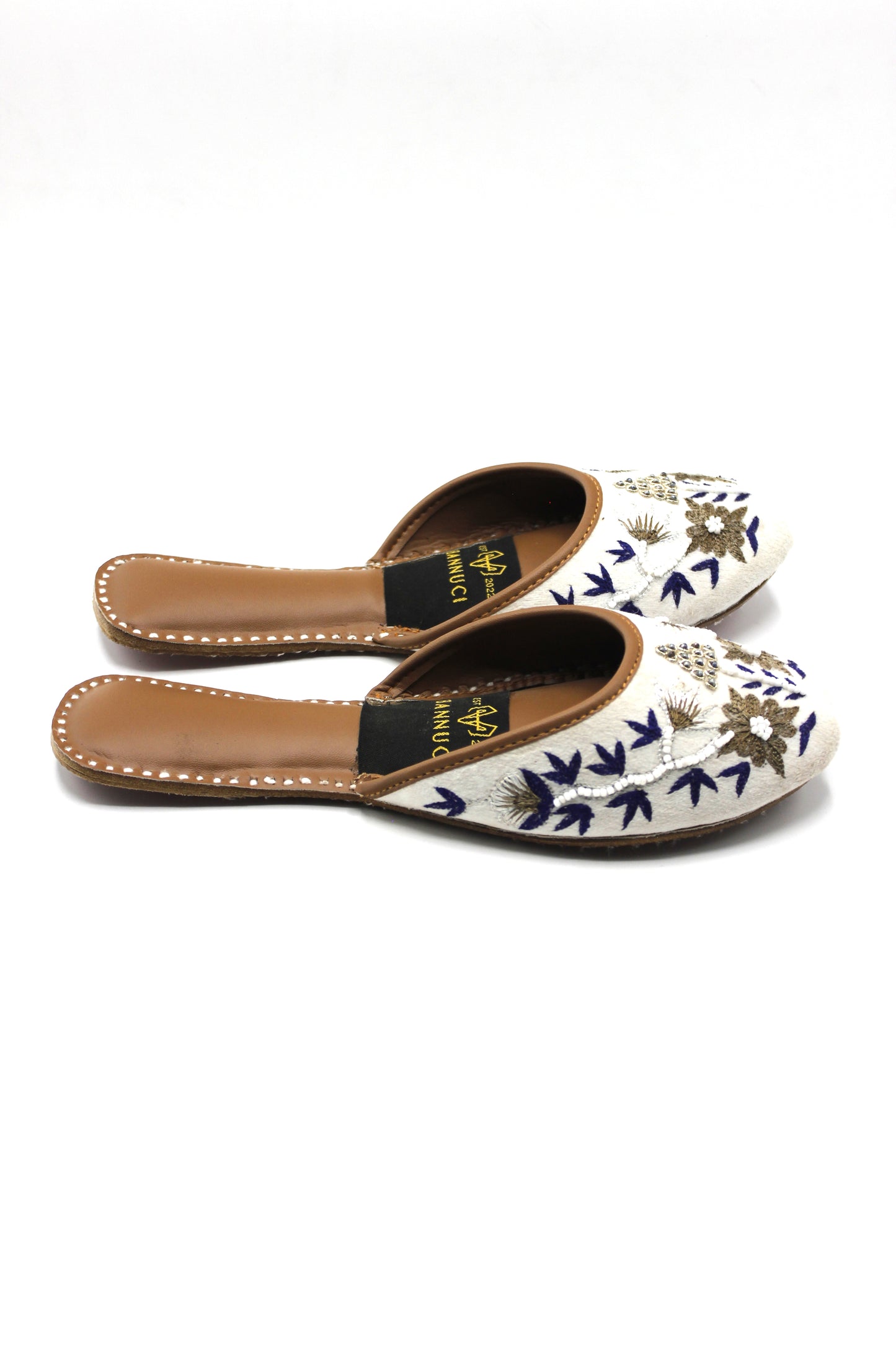 Premium Quality Back less White Multi Color Pearl Embroidered Khussas