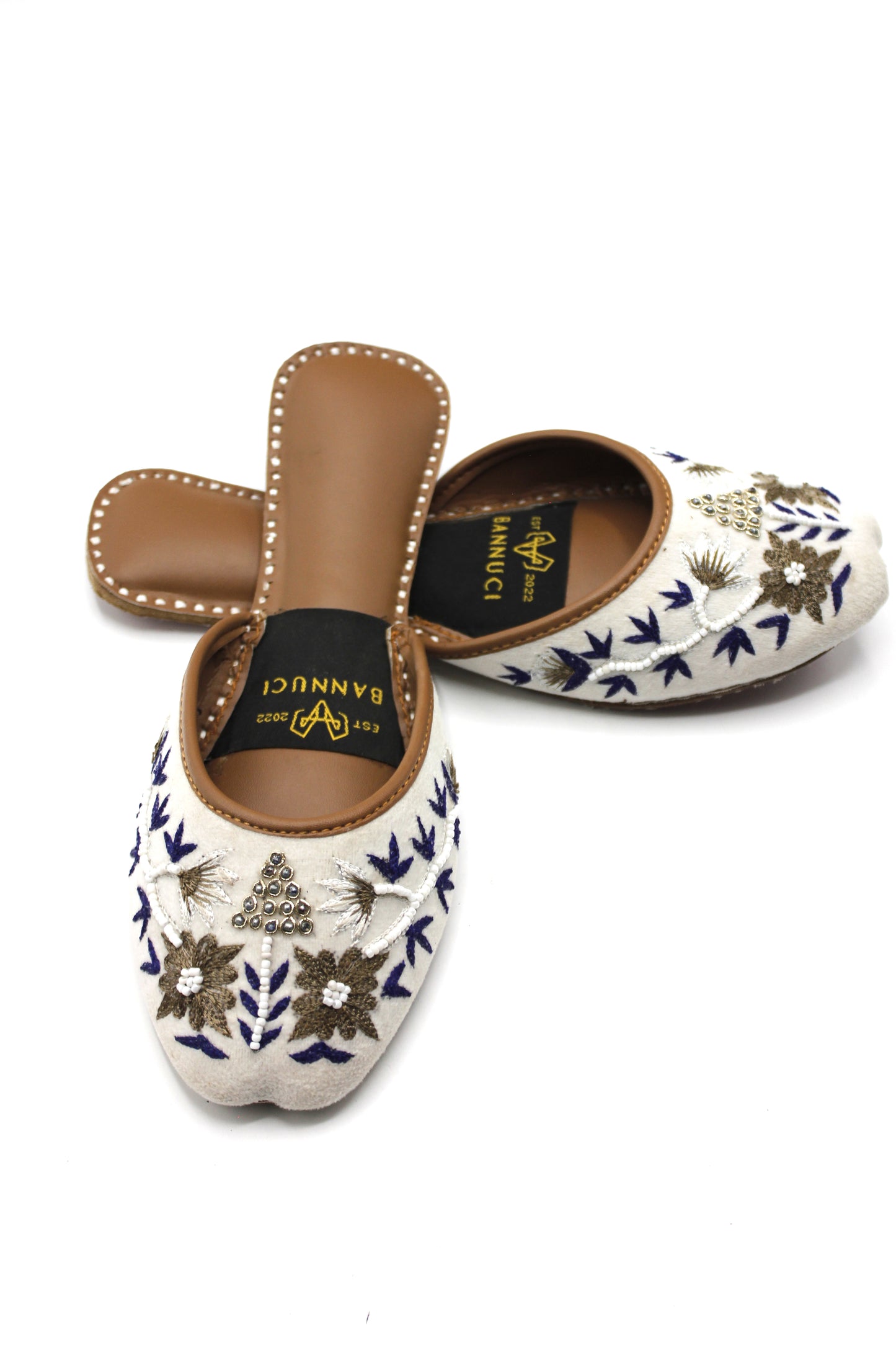 Premium Quality Back less White Multi Color Pearl Embroidered Khussas