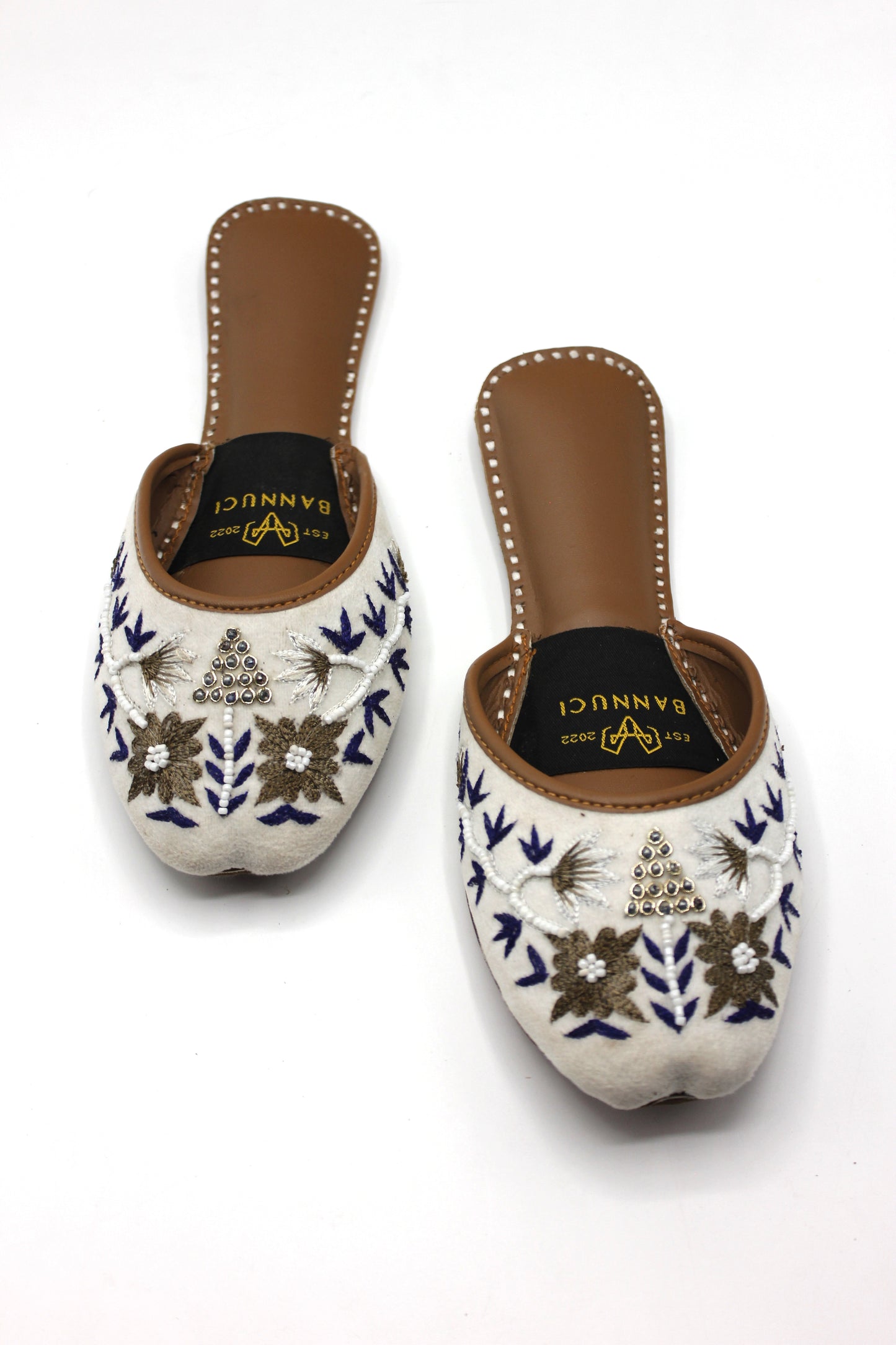 Premium Quality Back less White Multi Color Pearl Embroidered Khussas