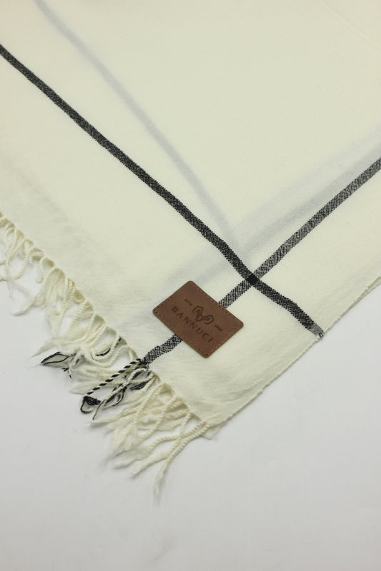 Premium Quality Off White Black Border Pure Woolen Shawl By Bannuci