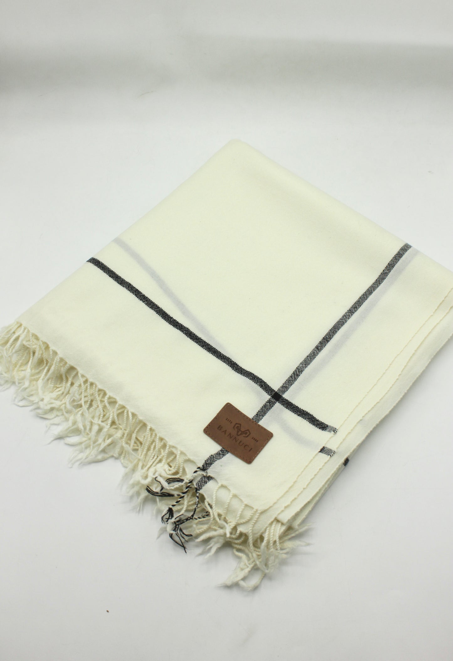 Premium Quality Off White Black Border Pure Woolen Shawl By Bannuci